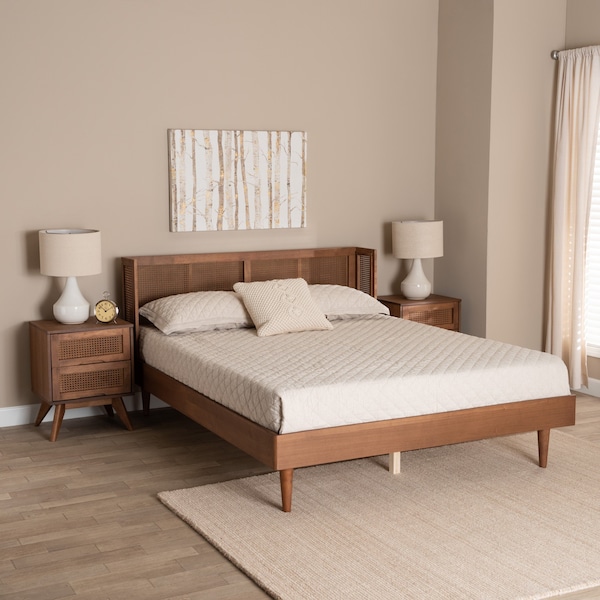 Baxton Studio Rina MidCentury Modern Ash Walnut Finished Wood 3Piece Full Size Bedroom Set with Synthetic Rattan 223-9812-9813-11298-ZORO - main
